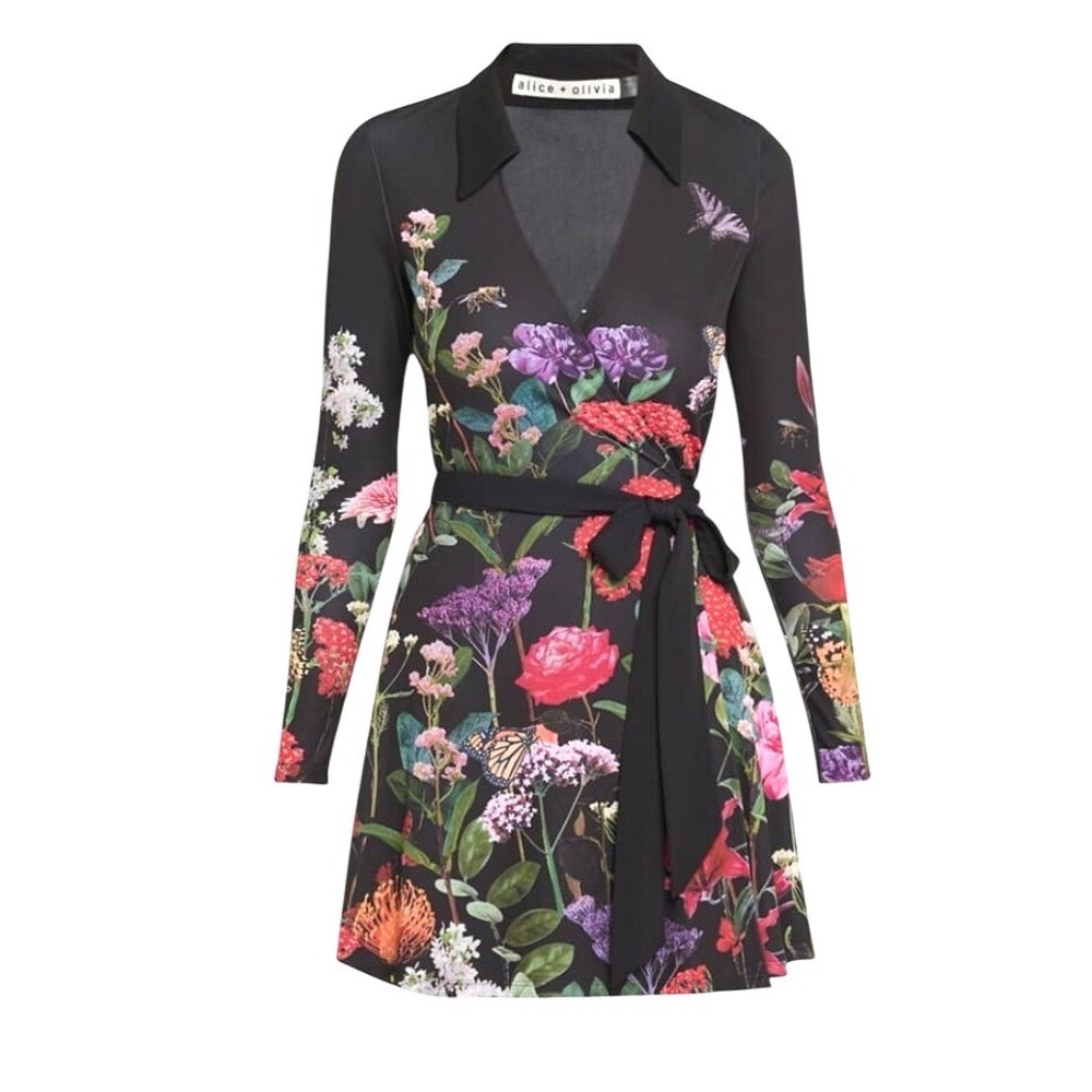 Alice + Olivia Millicent Wrap Dress Black Floral Butterfly Long Sleeve Mini 10 - Picture 2 of 15